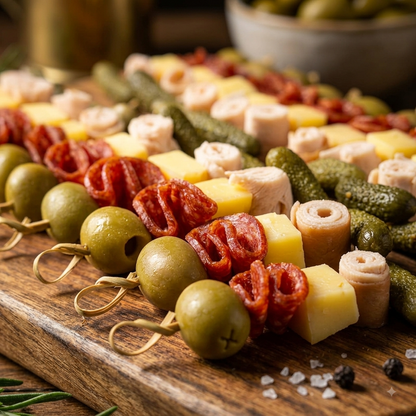 Smoked Chicken Pepperoni Gherkin Grazing Skewers  - Ready To Eat Appetizers (20 Grazing Skewers) -  Gourmet Non-Veg Party Appetizers  - Made with Organic Ingredients- 6 - 10 Persons