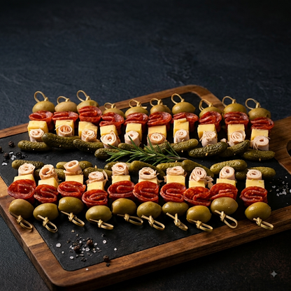 Smoked Chicken Pepperoni Gherkin Grazing Skewers  - Ready To Eat Appetizers (20 Grazing Skewers) -  Gourmet Non-Veg Party Appetizers  - Made with Organic Ingredients- 6 - 10 Persons