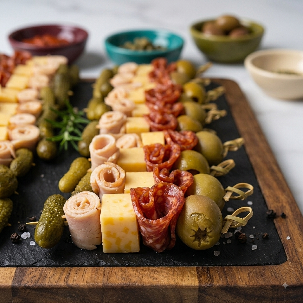 Smoked Chicken Pepperoni Gherkin Grazing Skewers  - Ready To Eat Appetizers (20 Grazing Skewers) -  Gourmet Non-Veg Party Appetizers  - Made with Organic Ingredients- 6 - 10 Persons