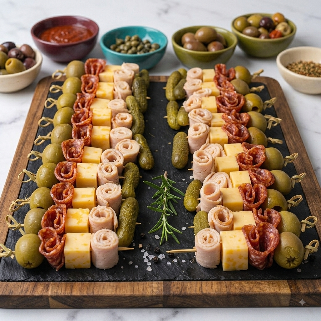 Smoked Chicken Pepperoni Gherkin Grazing Skewers  - Ready To Eat Appetizers (20 Grazing Skewers) -  Gourmet Non-Veg Party Appetizers  - Made with Organic Ingredients- 6 - 10 Persons