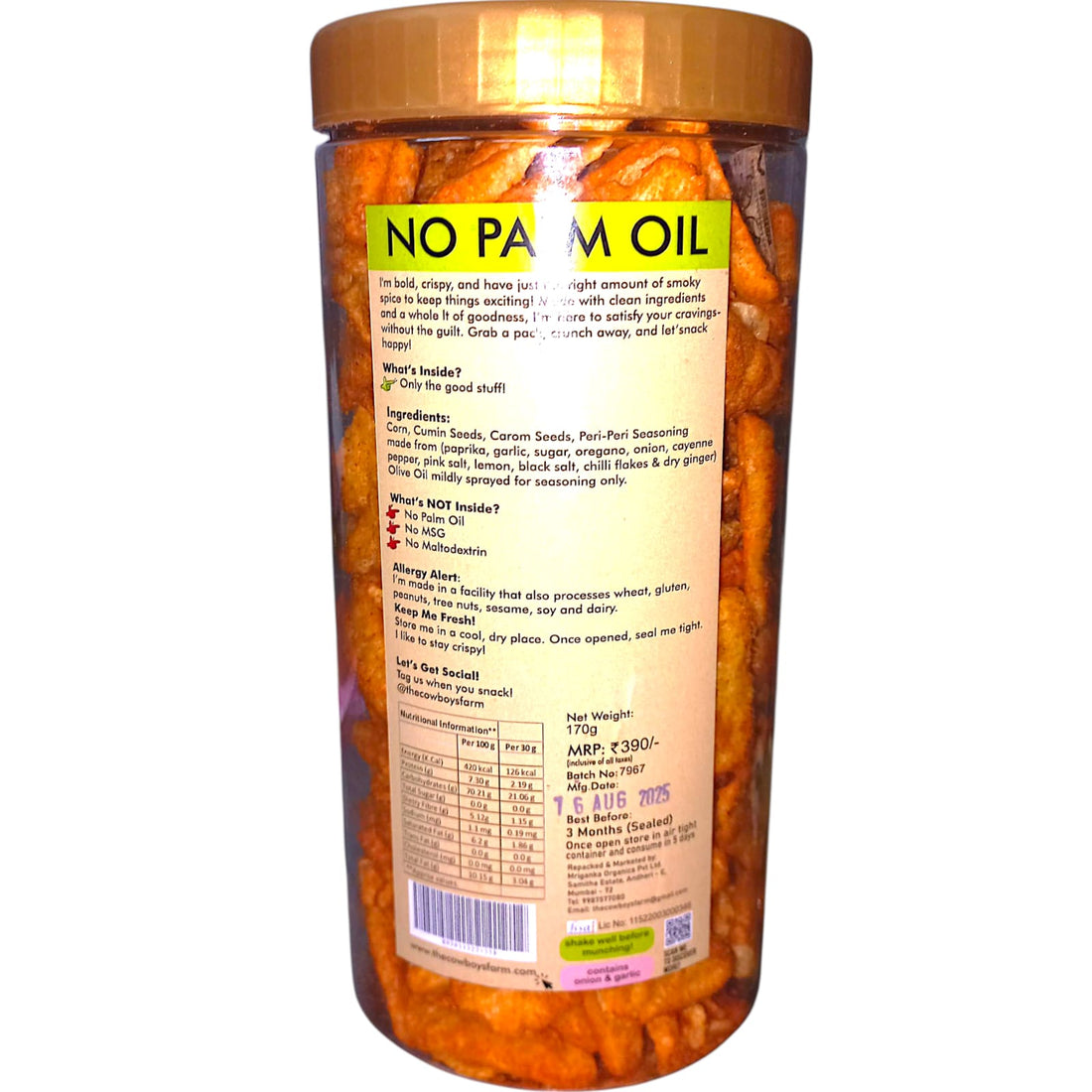 Nachos | Smoky Peri Peri Nachos - Non Fried - Gluten Free, No Wheat, Maida, Refined Sugar, Trans Fat, Palm Oil, No Artificial Color, Flavor & Preservatives - The Cow boys Farm - 170gm