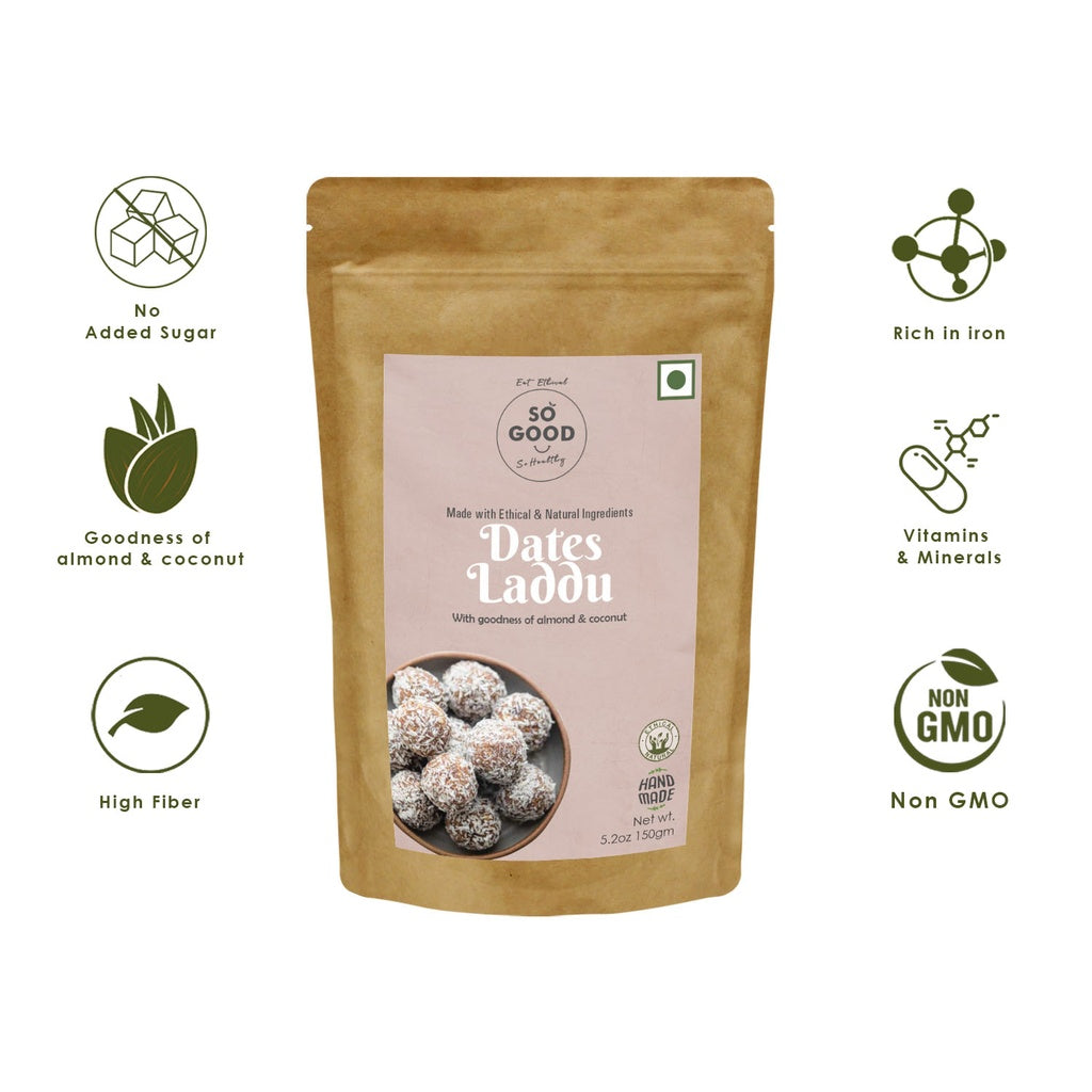 Ladoo | Dates Ladoo (With Goodness Of Almond & Coconut) - Made With Ethical & Natural Ingredients - No Added Sugar, Non GMO & High In Fiber - So Good - 150gm