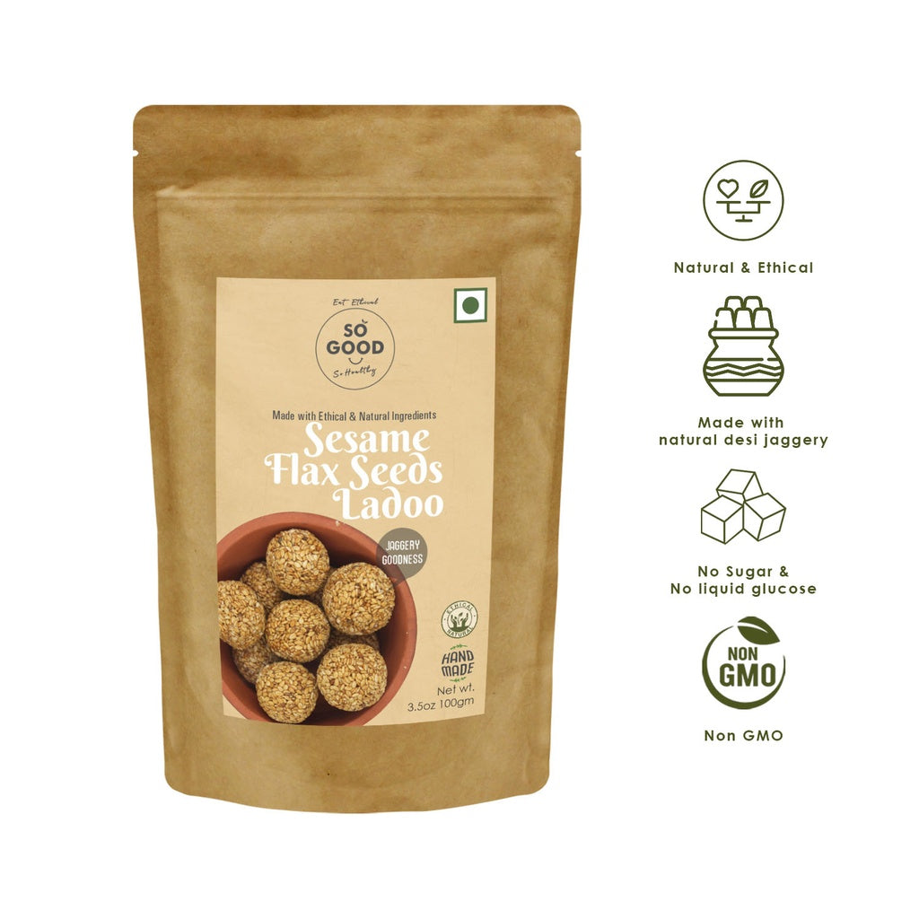 Ladoo | Sesame Flax Seed Ladoo - Natural - Made With Ethical & Natural Ingredients - No Refined Sugar, Glucose Syrup, No Preservatives Or No Colors - So Good - 100gm