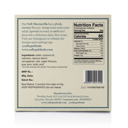 Vegan Soft Mozzarella Cheese | Spread &amp; Melts - Pasteurized - Gluten Free, Dairy Free &amp;amp; Lactose Free – Soft Spot Foods – 200gm