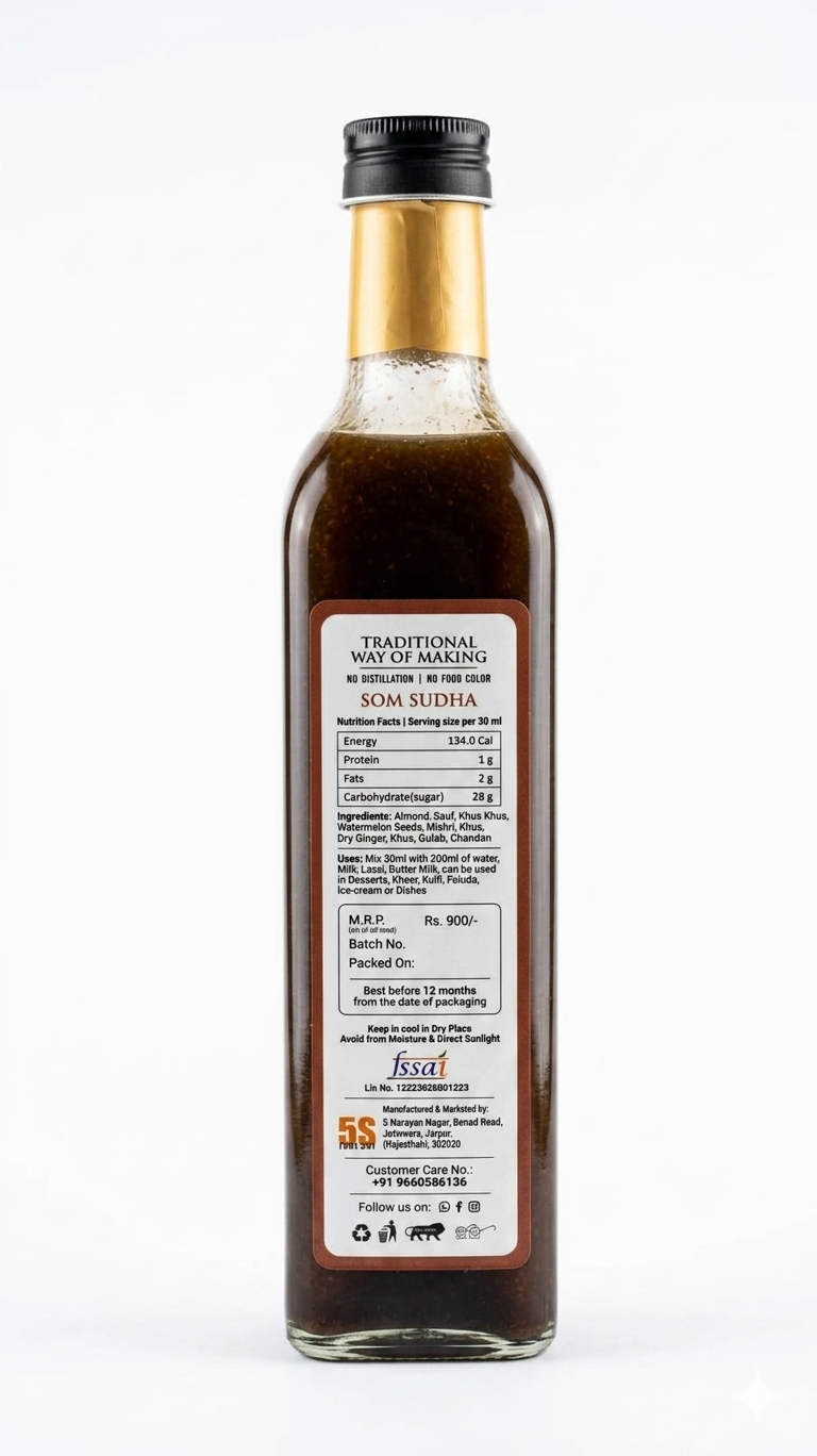 Sharbat | Som Sudha Sharbat – Taste Of Rajputana - No Added Artificial Colors, Distillation &amp; No Added Preservatives – 5S Farm – 700ml