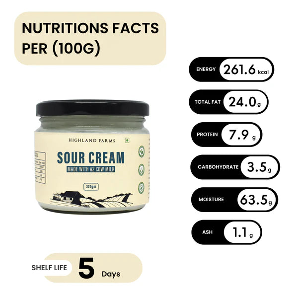 Sour Cream | (Made With A2 Cow Milk) – No Added Sugar &amp; No Added Preservatives – Highland Farms – 320gm