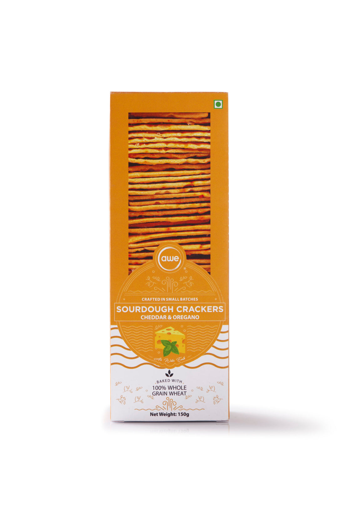 Crackers | Sourdough Crackers (Cheddar & Oregano) – Baked With 100% Whole Wheat – No Added Preservatives & No Added MSG – Awe – 150gm