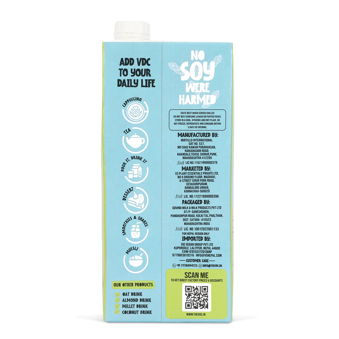 Soy Drink | Barista Edition - 50% More Calcium &amp;amp; Dietary Fibers - Cruelty Free, Soya Free, Non Gmo, No Added Sugar, Preservatives, Cholesterol, No Artificial Flavors &amp;amp; Colors - VDC - 1000ml