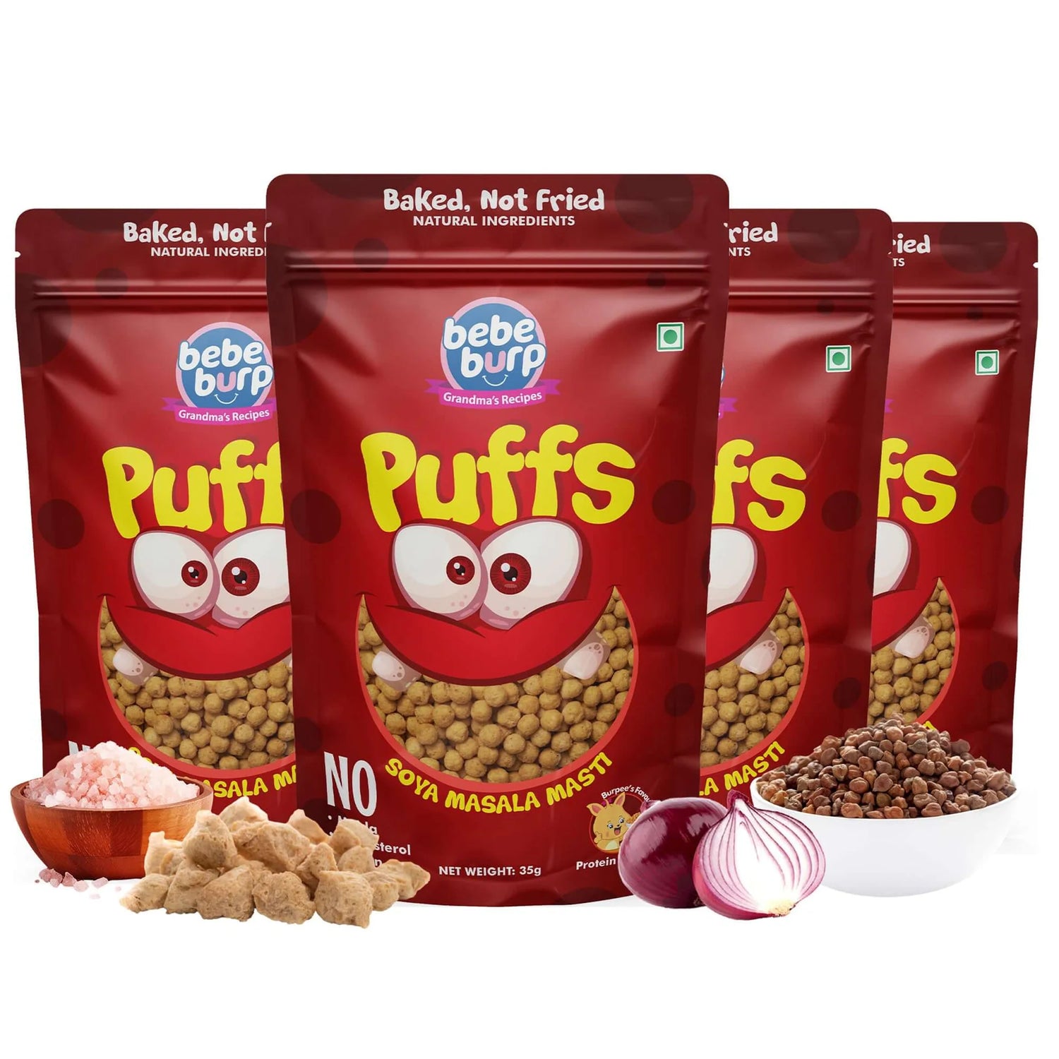 Puffs | Soya Masala Puff - Baked, Not Fried- Vegan Protein – Gluten Free, Cholesterol Free, No Added Preservatives &amp;amp; No Trans Fat – Bebe Burp – 35gm