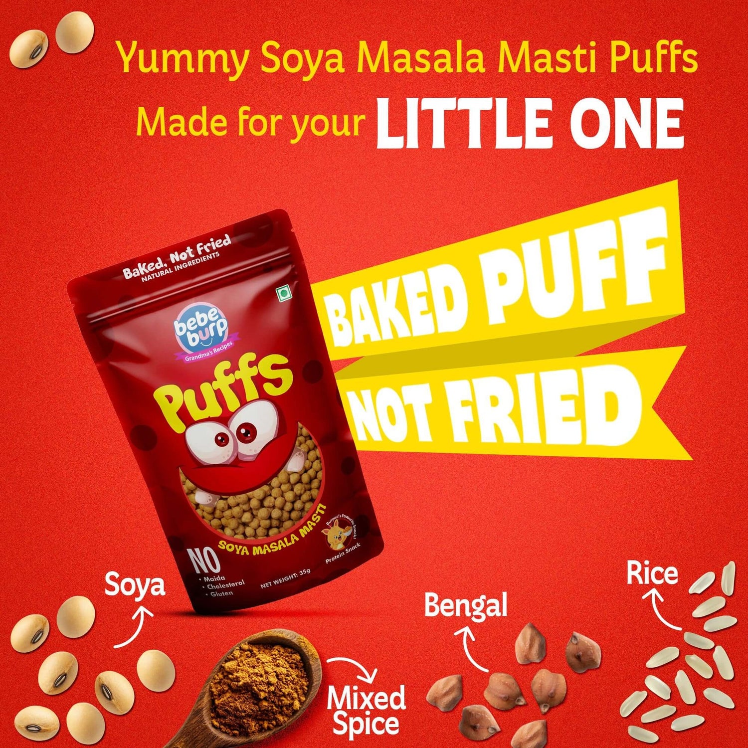 Puffs | Soya Masala Puff - Baked, Not Fried- Vegan Protein – Gluten Free, Cholesterol Free, No Added Preservatives &amp;amp; No Trans Fat – Bebe Burp – 35gm