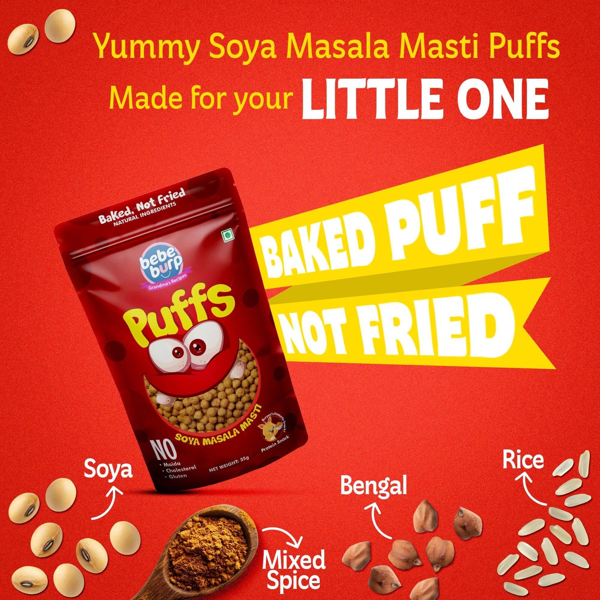 Puffs | Soya Masala Puff - Baked, Not Fried- Vegan Protein – Gluten Free, Cholesterol Free, No Added Preservatives &amp;amp; No Trans Fat – Bebe Burp – 35gm