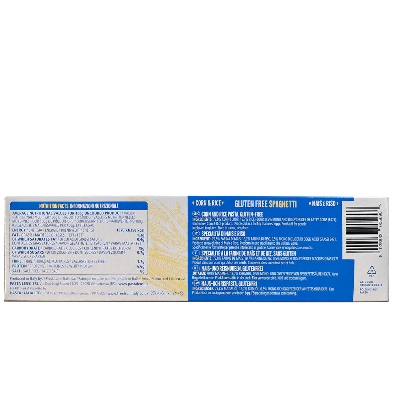 Pasta | Spaghetti Pasta (Made By Corn &amp;amp; Rice) – Made In Italy – Gluten Free &amp;amp; Lactose Free – Pasta Lensi – 400gm