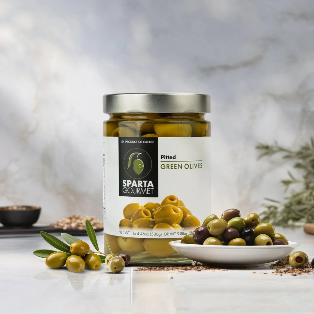 Green Olives | Pitted - Vegan, Gluten Free &amp; Sugar Free - Sparta Gourmet - 580gm