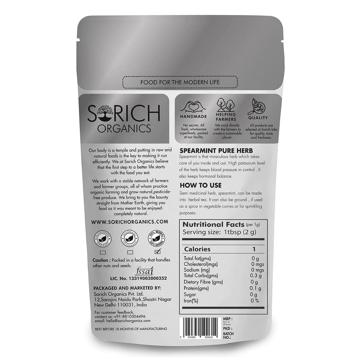 Tea | Spearmint Herbal Tea - Rich In Vitamins, High In Antioxidant &amp; Great Source Of Iron - Sorich Organics - 100gm