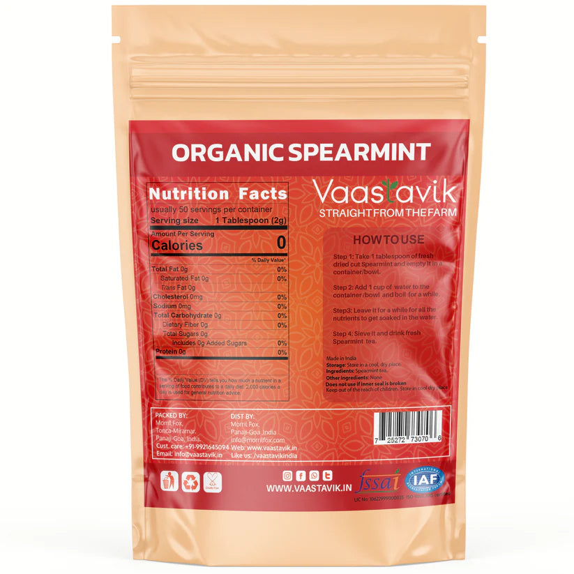 Tea | Spearmint Tea - Dried Cut Herb Mentha Spicata – Himalayan Sourced – Traditional Medicinal Tea - Organic - Caffeine Free &amp;amp; No Added Sugar – Vaastavik – 100gm