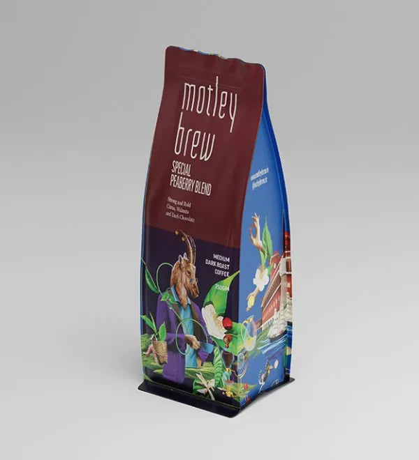 Coffee | Special Peaberry Blend - Strong and Bold Citrus, Walnuts and Dark Chocolate- Medium Dark Roast Coffee - Ethically Sourced ,Shaded Grown- Motley Brew– 250gm