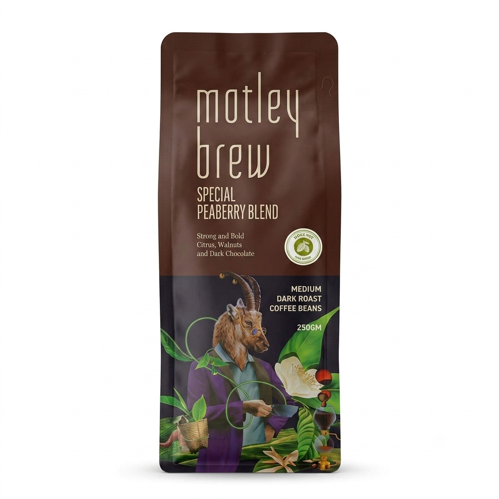 Coffee | Special Peaberry Blend (Mokapot) - Strong and Bold Citrus, Walnuts and Dark Chocolate- Medium Dark Roast Coffee - Ethically Sourced ,Shaded Grown- Motley Brew– 250gm