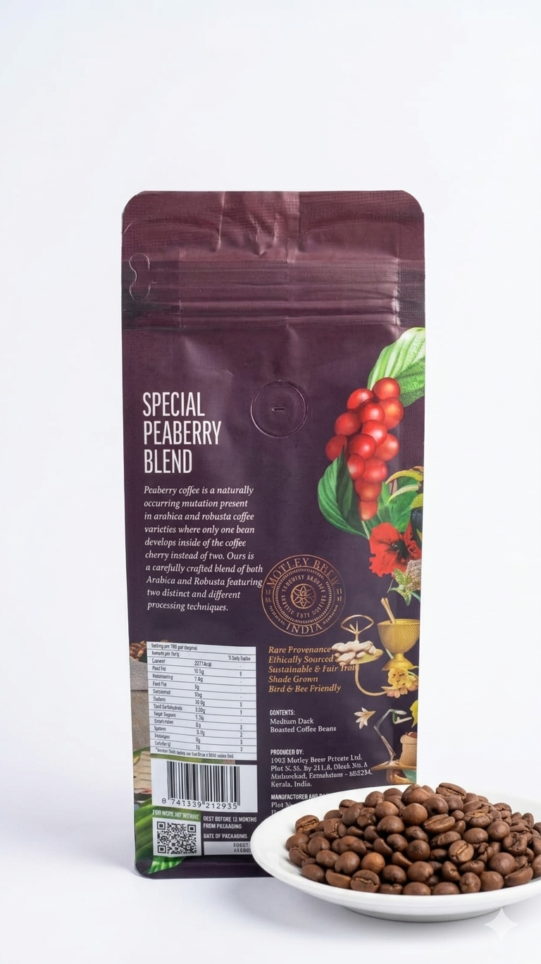 Coffee | Special Peaberry Blend - Strong and Bold Citrus, Walnuts and Dark Chocolate- Medium Dark Roast Coffee - Ethically Sourced ,Shaded Grown- Motley Brew– 250gm