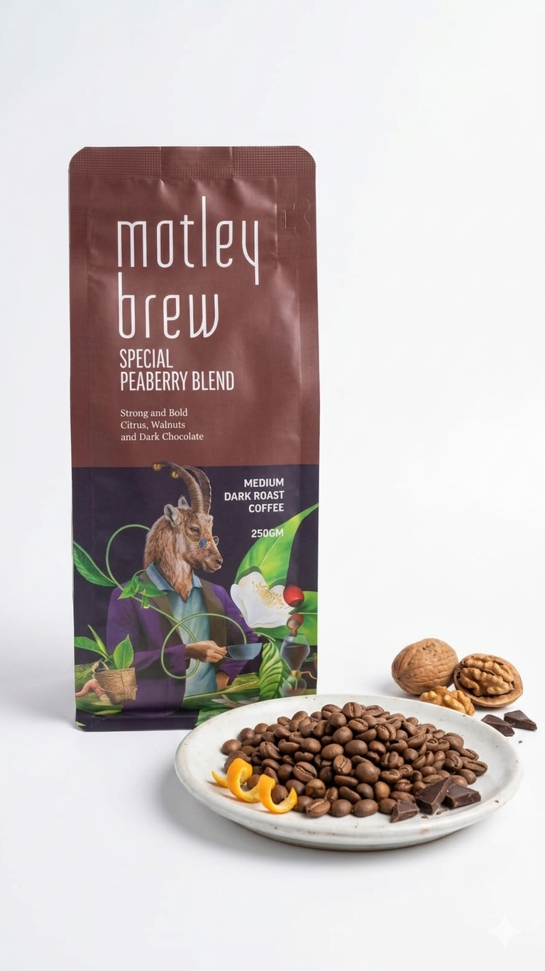 Coffee | Special Peaberry Blend - Strong and Bold Citrus, Walnuts and Dark Chocolate- Medium Dark Roast Coffee - Ethically Sourced ,Shaded Grown- Motley Brew– 250gm
