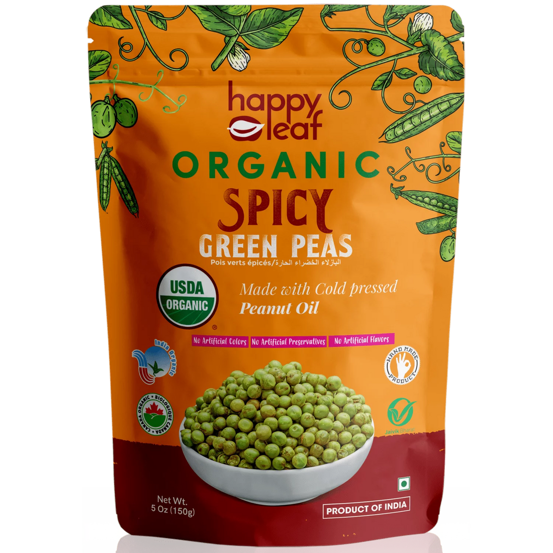 Spicy Green Peas | (Made With Cold Pressed Peanut Oil) – USDA Organic – No Artificial, Flavours, Color &amp;amp; No Artificial Preservatives – Happy Leaf – 150gm