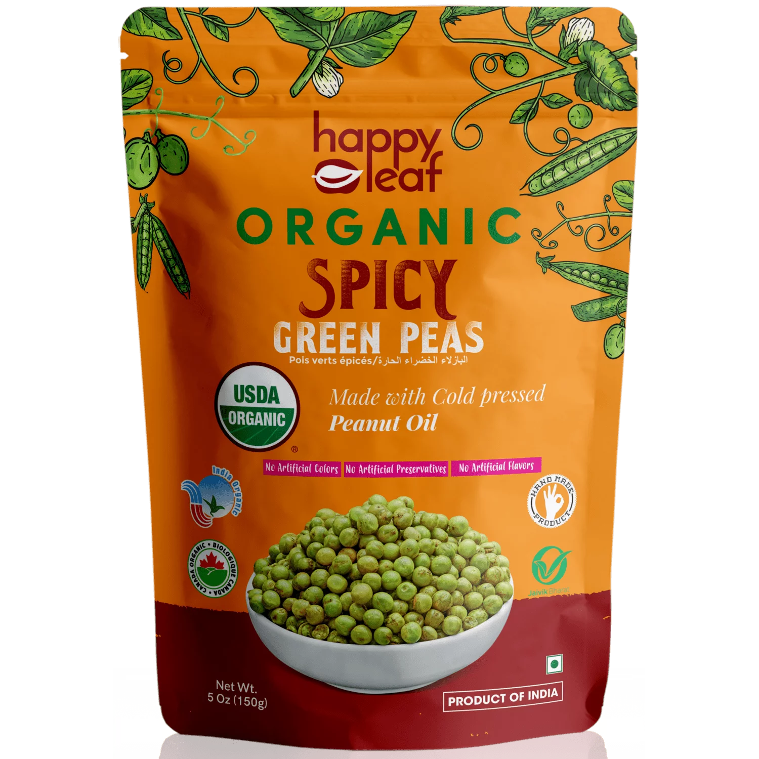 Spicy Green Peas | (Made With Cold Pressed Peanut Oil) – USDA Organic – No Artificial, Flavours, Color &amp;amp; No Artificial Preservatives – Happy Leaf – 150gm