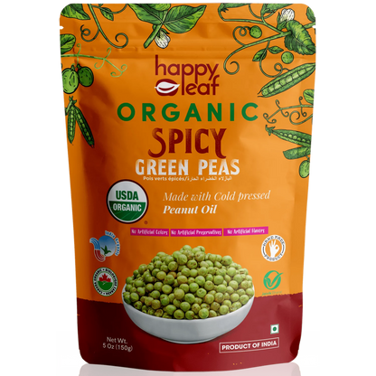 Spicy Green Peas | (Made With Cold Pressed Peanut Oil) – USDA Organic – No Artificial, Flavours, Color &amp;amp; No Artificial Preservatives – Happy Leaf – 150gm