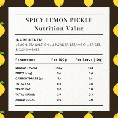 Pickle | Spicy Lemon Pickle (Home Made With Probiotic Goodness) - 100% Natural - Vegan, No Added Colour &amp;amp; No Added Preservatives - Golden Grass - 200gm