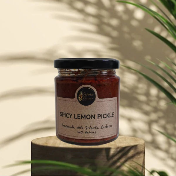 Pickle | Spicy Lemon Pickle (Home Made With Probiotic Goodness) - 100% Natural - Vegan, No Added Colour &amp;amp; No Added Preservatives - Golden Grass - 200gm