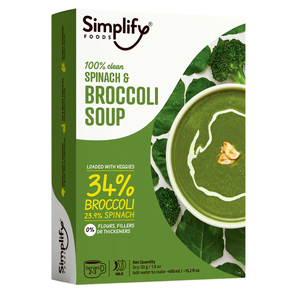 Soup | Spinach &amp;amp; Broccoli Soup (Loaded With Veggies 34% Broccoli &amp; 23.9% Spinach) – 100% Clean – No Flours, Fillers, Thickeners, No Preservatives, Colours &amp;amp; No Additives – Simplify Foods – 50gm