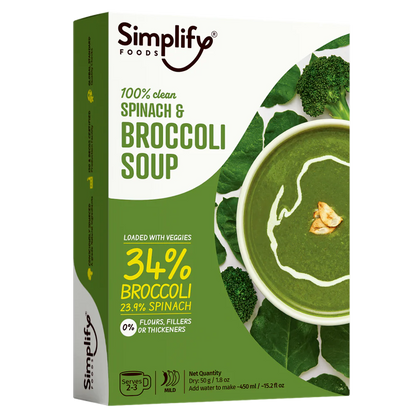 Soup | Spinach &amp;amp; Broccoli Soup (Loaded With Veggies 34% Broccoli &amp; 23.9% Spinach) – 100% Clean – No Flours, Fillers, Thickeners, No Preservatives, Colours &amp;amp; No Additives – Simplify Foods – 50gm