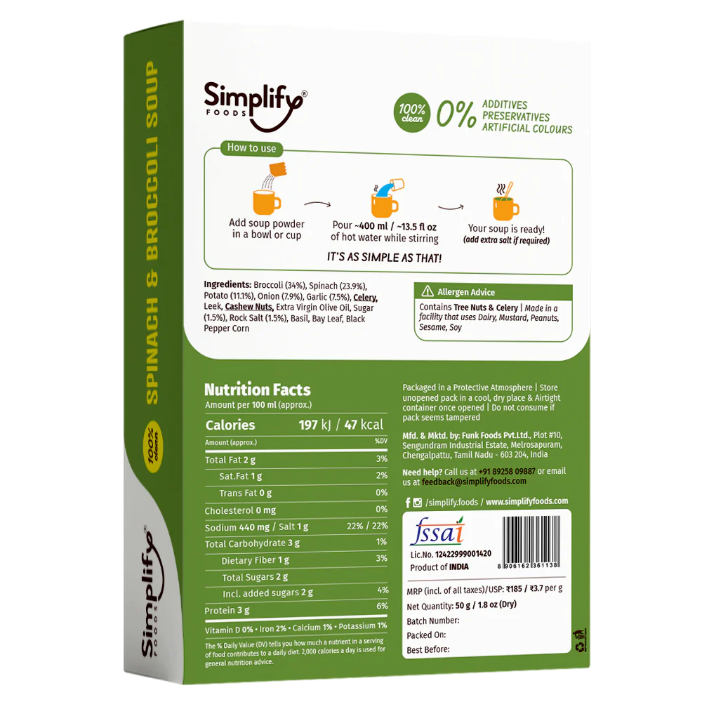 Soup | Spinach &amp;amp; Broccoli Soup (Loaded With Veggies 34% Broccoli &amp; 23.9% Spinach) – 100% Clean – No Flours, Fillers, Thickeners, No Preservatives, Colours &amp;amp; No Additives – Simplify Foods – 50gm