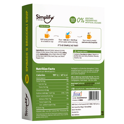 Soup | Spinach &amp;amp; Broccoli Soup (Loaded With Veggies 34% Broccoli &amp; 23.9% Spinach) – 100% Clean – No Flours, Fillers, Thickeners, No Preservatives, Colours &amp;amp; No Additives – Simplify Foods – 50gm