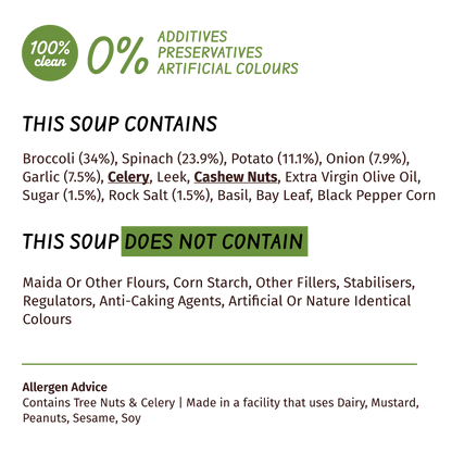 Soup | Spinach &amp;amp; Broccoli Soup (Loaded With Veggies 34% Broccoli &amp; 23.9% Spinach) – 100% Clean – No Flours, Fillers, Thickeners, No Preservatives, Colours &amp;amp; No Additives – Simplify Foods – 50gm