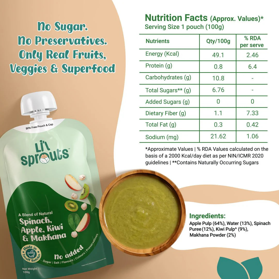 Puree | Spinach, Apple, Kiwi &amp; Makhana (8 Months +) - Blend of Natural - No Added Sugar, Salt, Flavours, Colours &amp; No Artificial Ingredients - Lil Sprouts - 100gm