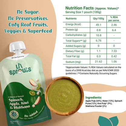 Puree | Spinach, Apple, Kiwi &amp; Makhana (8 Months +) - Blend of Natural - No Added Sugar, Salt, Flavours, Colours &amp; No Artificial Ingredients - Lil Sprouts - 100gm