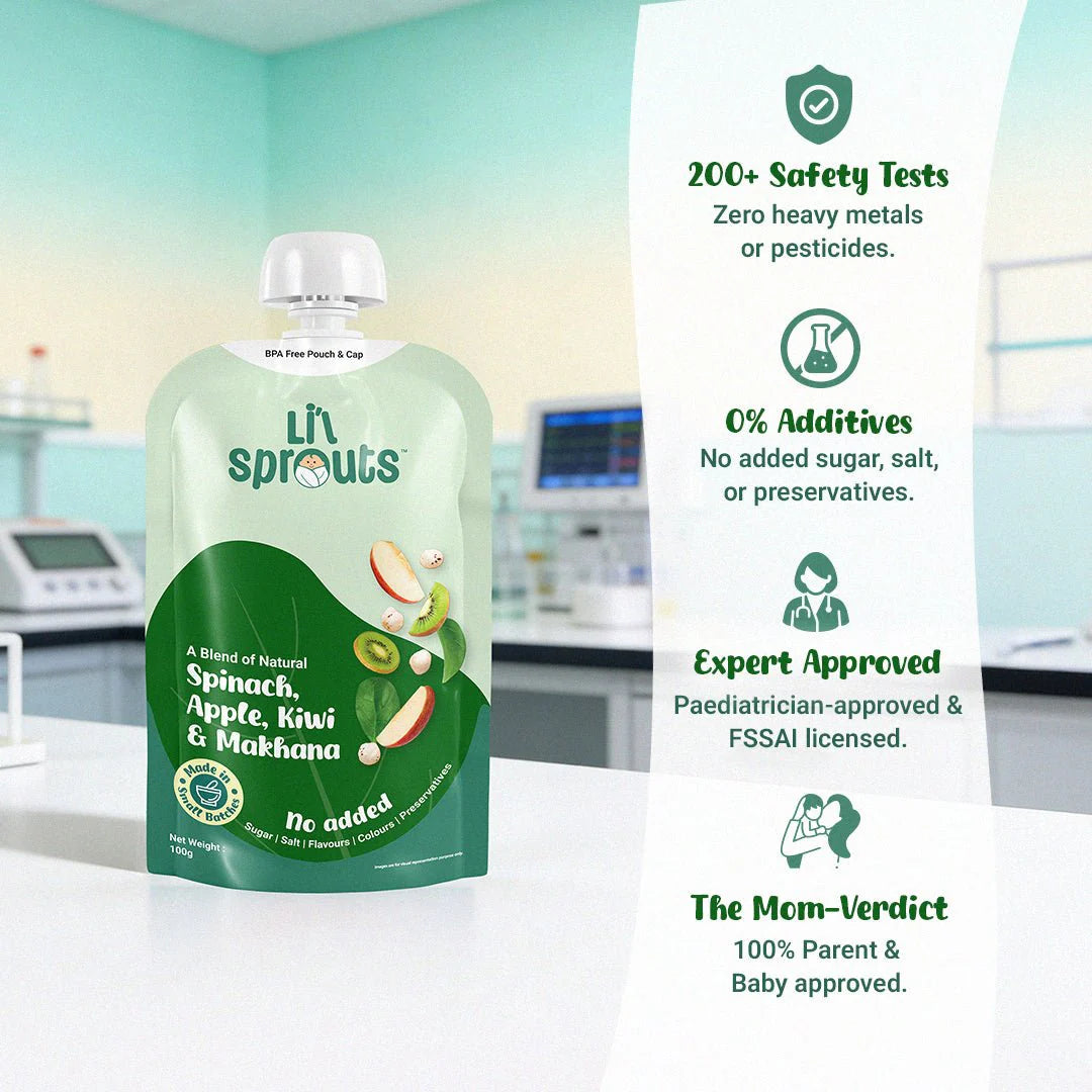 Puree | Spinach, Apple, Kiwi &amp; Makhana (8 Months +) - Blend of Natural - No Added Sugar, Salt, Flavours, Colours &amp; No Artificial Ingredients - Lil Sprouts - 100gm
