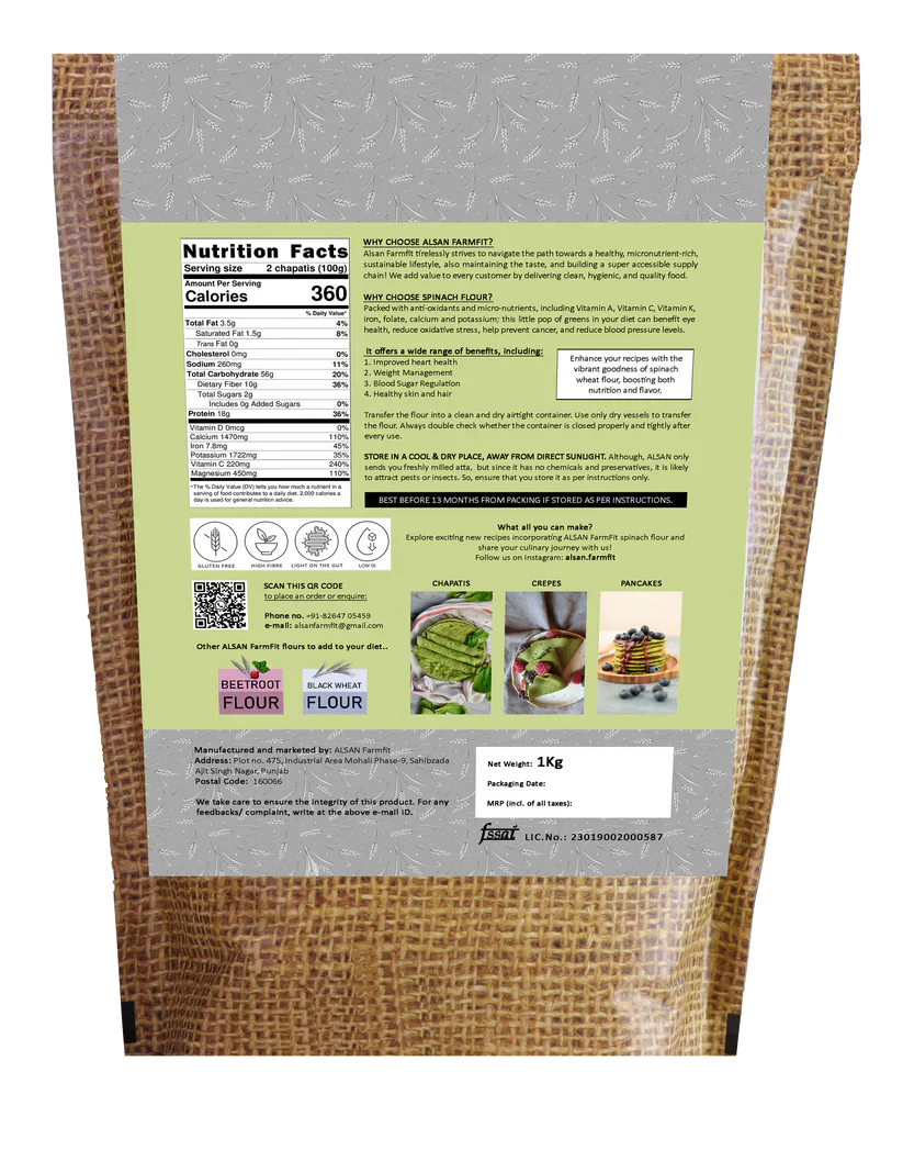 Spinach Flour | (Made With 100% Black Wheat, Jowar, And Dehydrated Spinach) - Sundried - Stone Ground - Gluten Free &amp; No Added Preservatives - Alsan - 1000gm