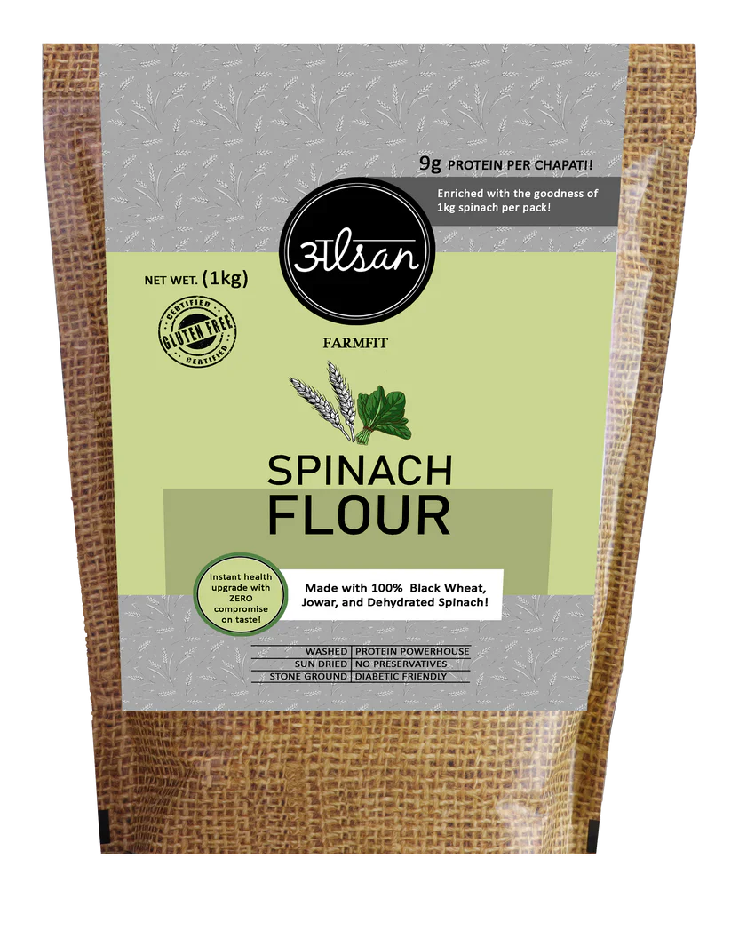 Spinach Flour | (Made With 100% Black Wheat, Jowar, And Dehydrated Spinach) - Sundried - Stone Ground - Gluten Free &amp; No Added Preservatives - Alsan - 1000gm