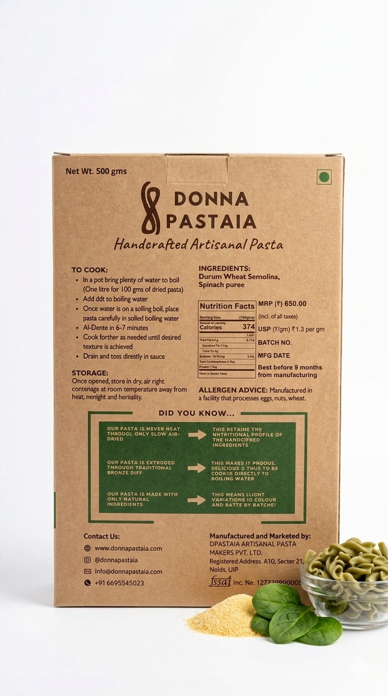 Pasta | Spinach Maccheroni - Artisanal Handcrafted Pasta  –No Preservatives, No Maida &amp; No Added Salt – Donna Pastaia – 500gm