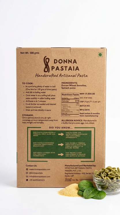 Pasta | Spinach Maccheroni - Artisanal Handcrafted Pasta  –No Preservatives, No Maida &amp; No Added Salt – Donna Pastaia – 500gm
