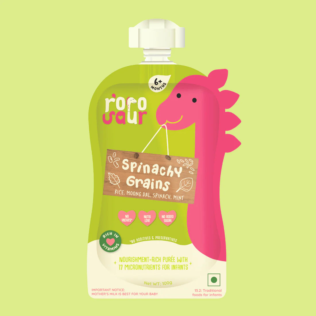Spinachy Grains Puree | Rice, Moong Dal, Spinach, Mint (17 Micronutrient For Infants) - No Added Yuckies & No Added Sugar – rorosaur – 100gm