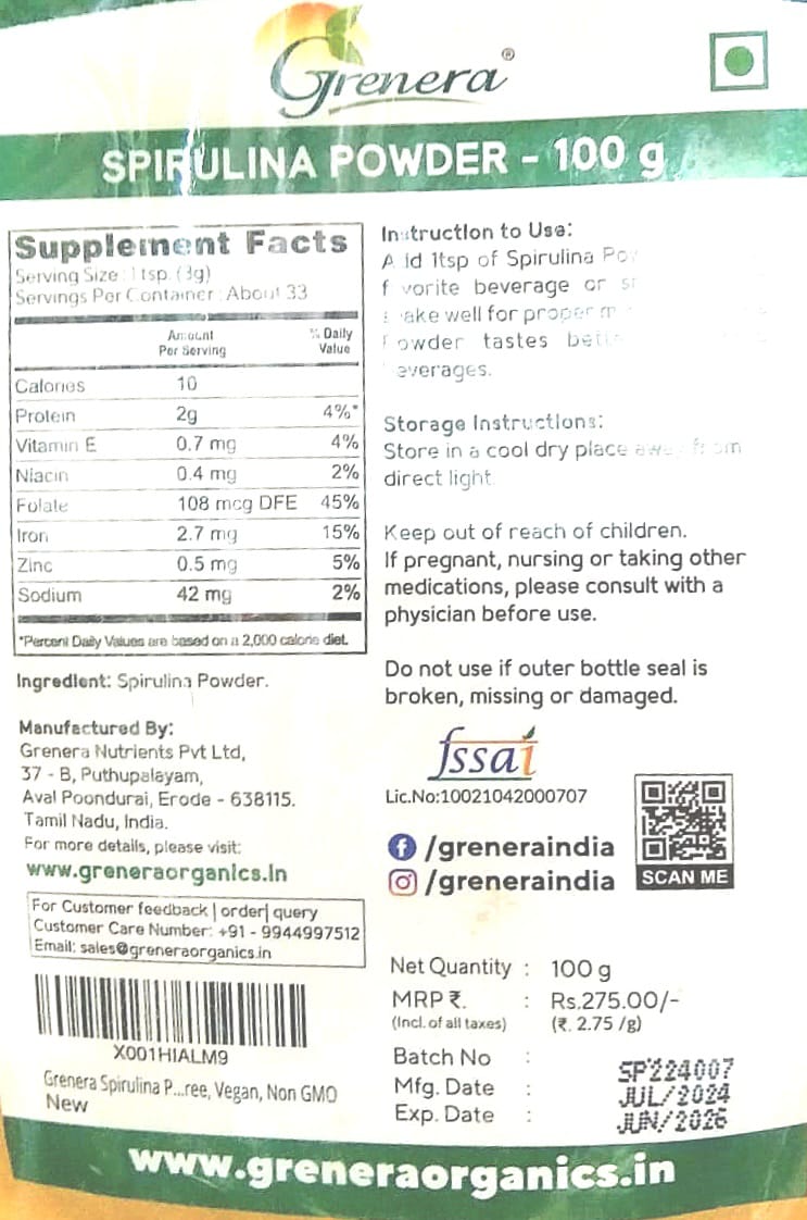 Spirulina Powder | Nutraceutical - No Added Artificial Flavors &amp; No Added Color – Grenera - 100gm