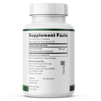 Spirulina | Natural - Vegan, Gluten Free, Non Gmo, Preservatives Free &amp;amp; No Additives - Grenera – 120 Tablets