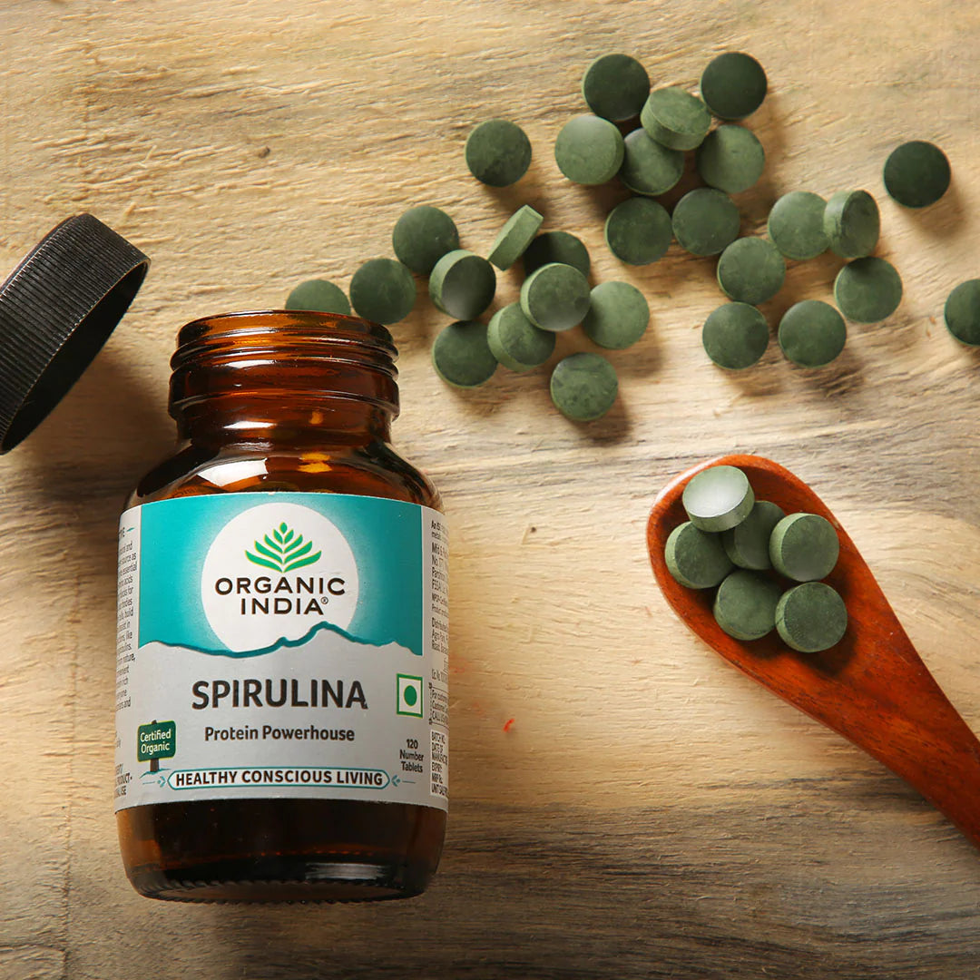 Spirulina | Protein Powerhouse - Natural - Vegan, Promotes Youthful Skin, Nails &amp;amp; Hair - Organic India - 120 Tablets