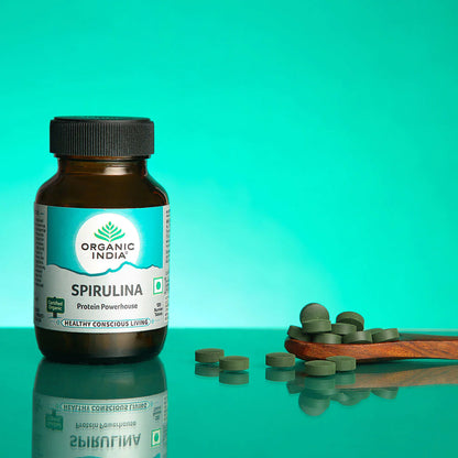 Spirulina | Protein Powerhouse - Natural - Vegan, Promotes Youthful Skin, Nails &amp;amp; Hair - Organic India - 120 Tablets