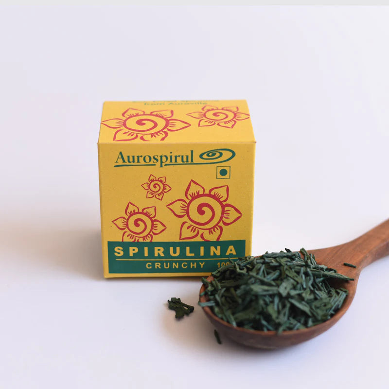 Spirulina Crunchy -100% Natural, Vegan, Gelatin Free, Sun Dried -No Pesticides or Chemical Fertilizers – Aurospirul - 100gm