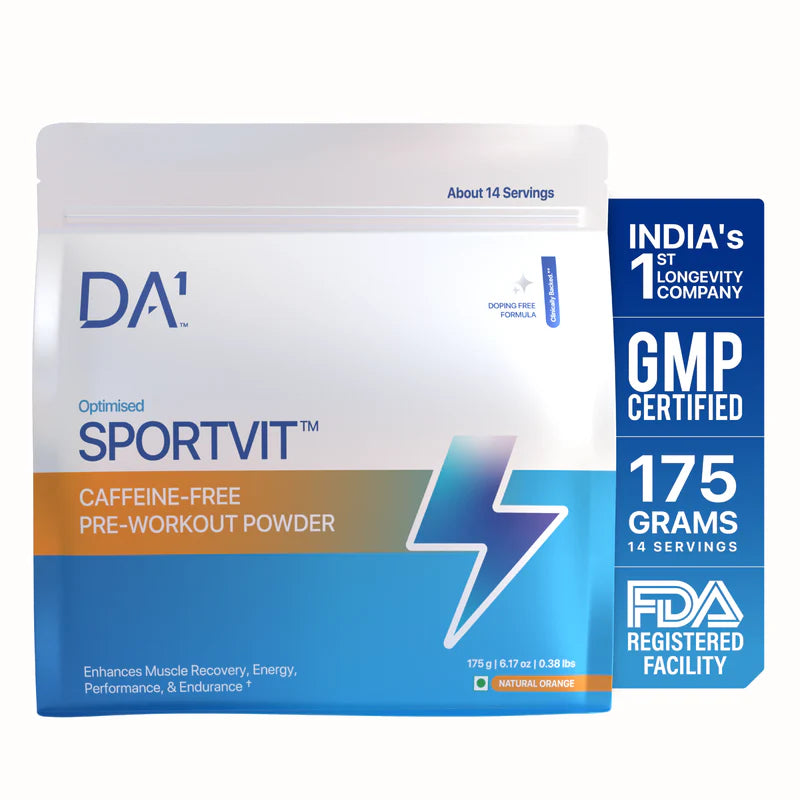 Pre Workout Powder | SportVit - Enhance Muscle Recovery, Energy, Performance &amp; Endurance - Orange Flavour - Pre Workout Supplement - Caffeine free - Gluten Free, GMO Free, Sugar Free, Dairy Free - Decode Age - 175gm