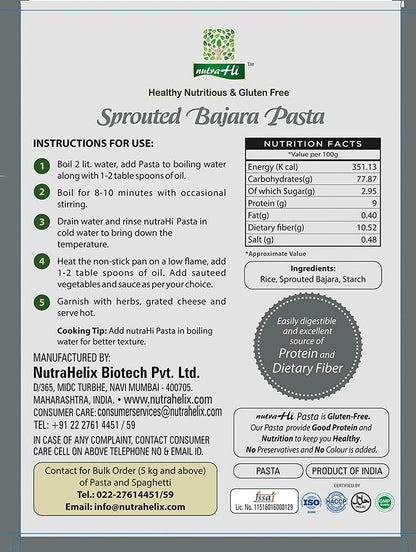Sprouted Bajra Pasta – Vegan, Gluten Free, High In Protein &amp;amp; Rich In Fiber - NutraHi – 250gm