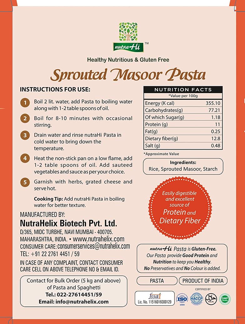 Sprouted Masoor Pasta | Vegan, Gluten Free, High In Protein &amp;amp; Rich In Fiber - NutraHi – 250gm