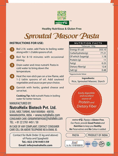 Sprouted Masoor Pasta | Vegan, Gluten Free, High In Protein &amp;amp; Rich In Fiber - NutraHi – 250gm